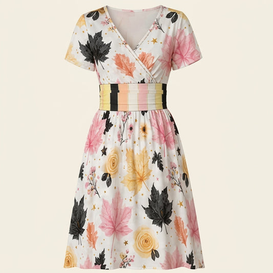 Preppy Fall Leaves and Stripes Women's V Neck Midi Dress
