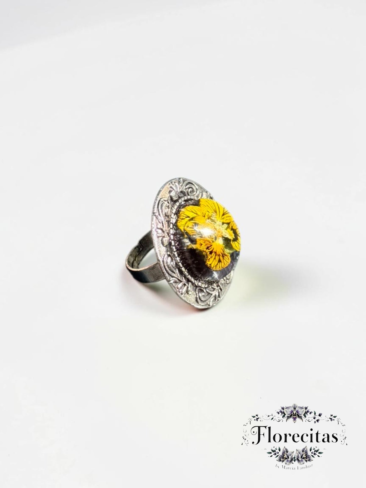 Genuine Yellow Viola with Detailed Silver Frame Ring
