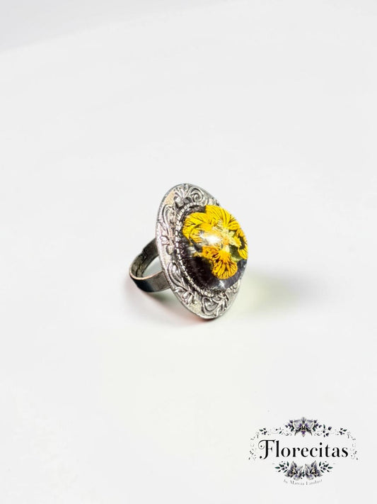 Genuine Yellow Viola with Detailed Silver Frame Ring