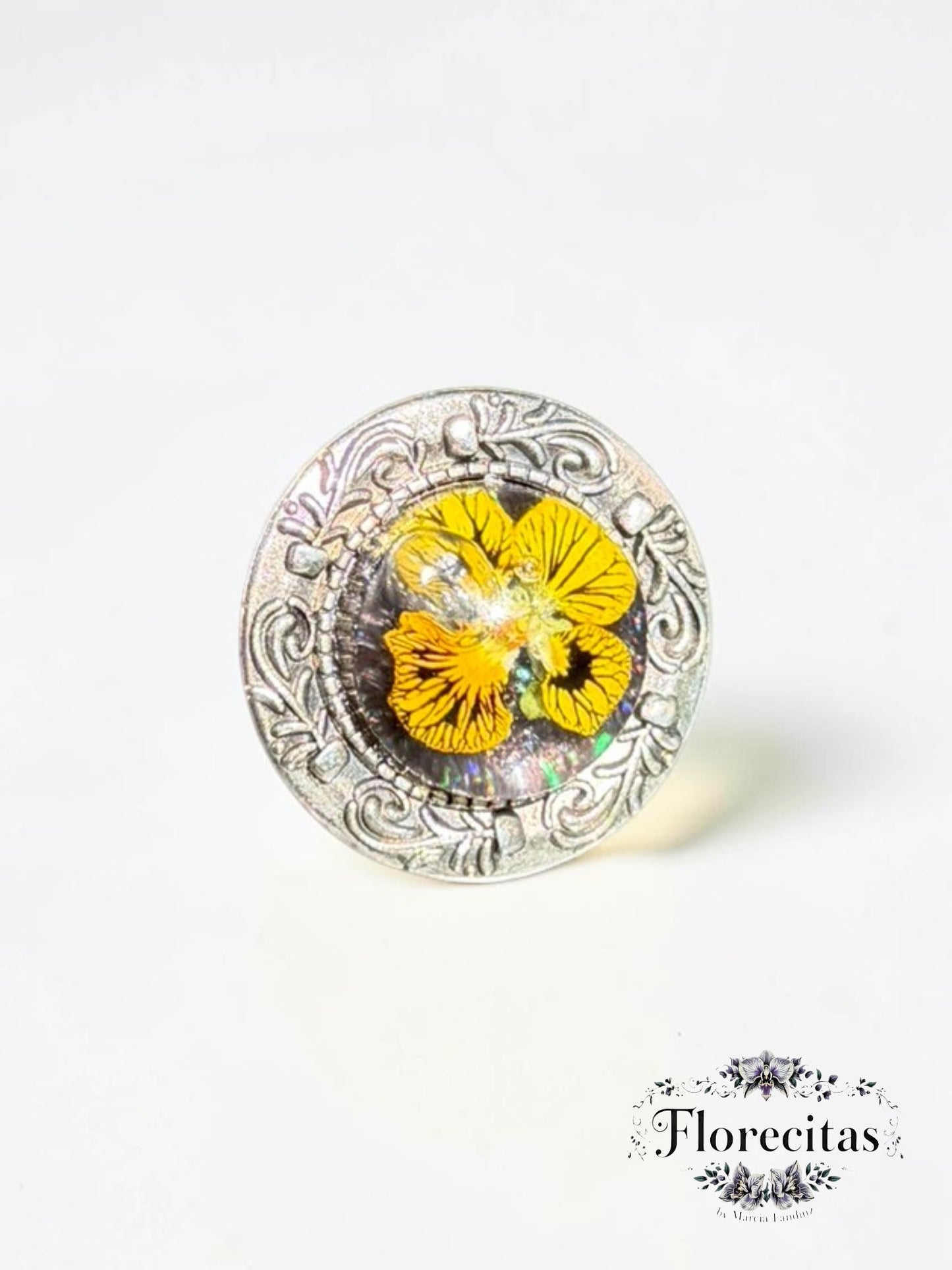 Genuine Yellow Viola with Detailed Silver Frame Ring