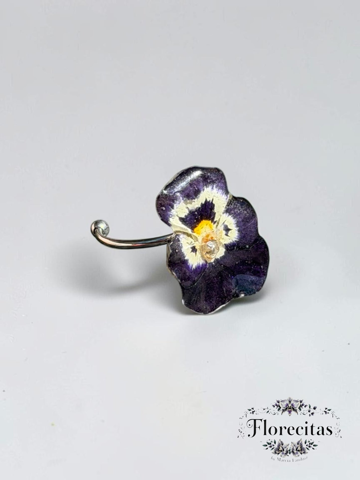 Deep Violet and White Pansy with Rhinestone Ring