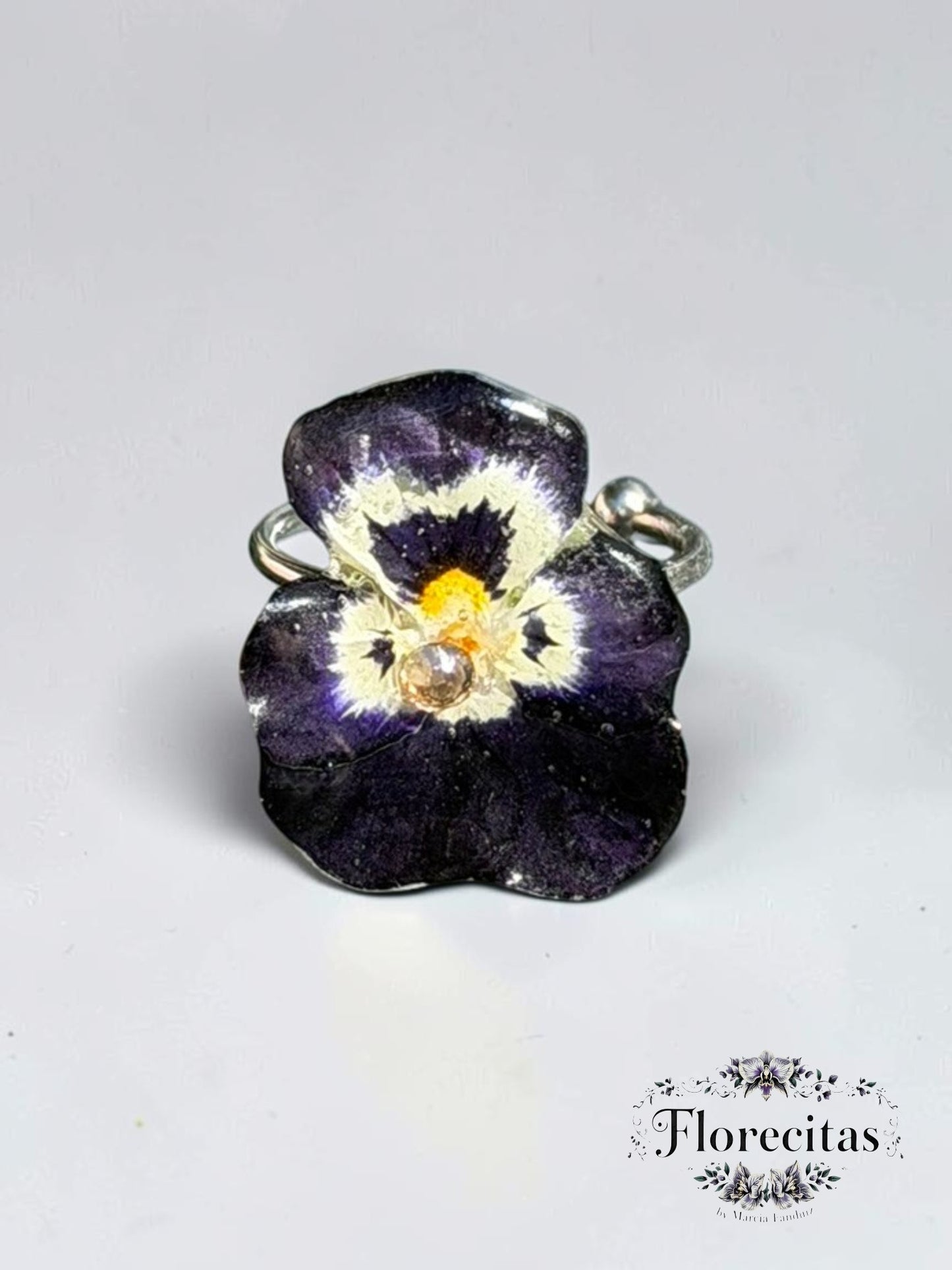 Deep Violet and White Pansy with Rhinestone Ring