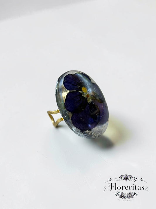 Genuine Blue Violet Pansy Gold Ring