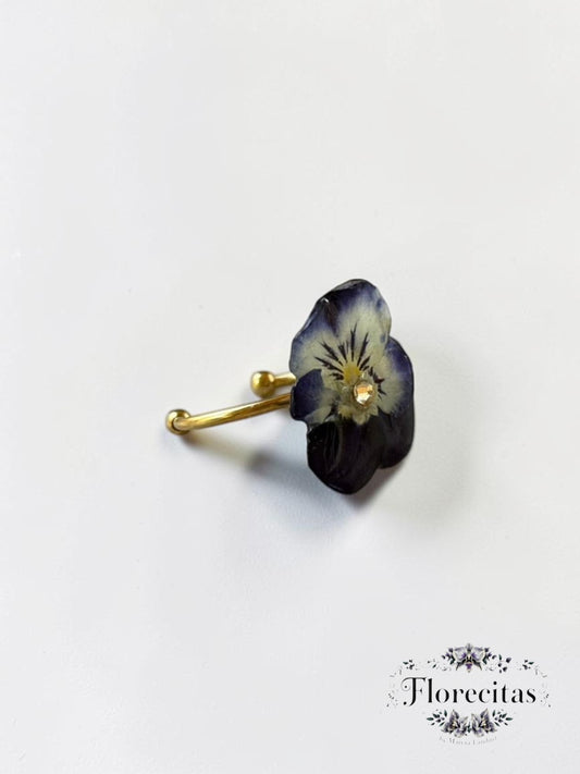 Deep Violet Pansy with Rhinestone Ring