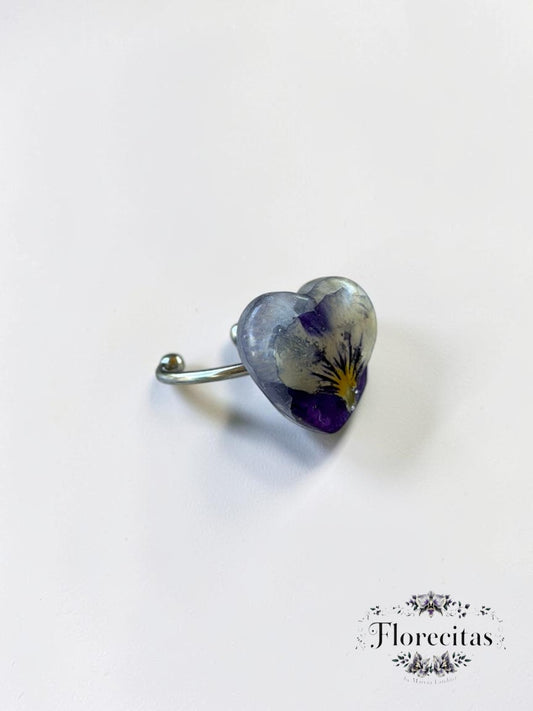 Heart Shaped Purple and White Pansy Ring