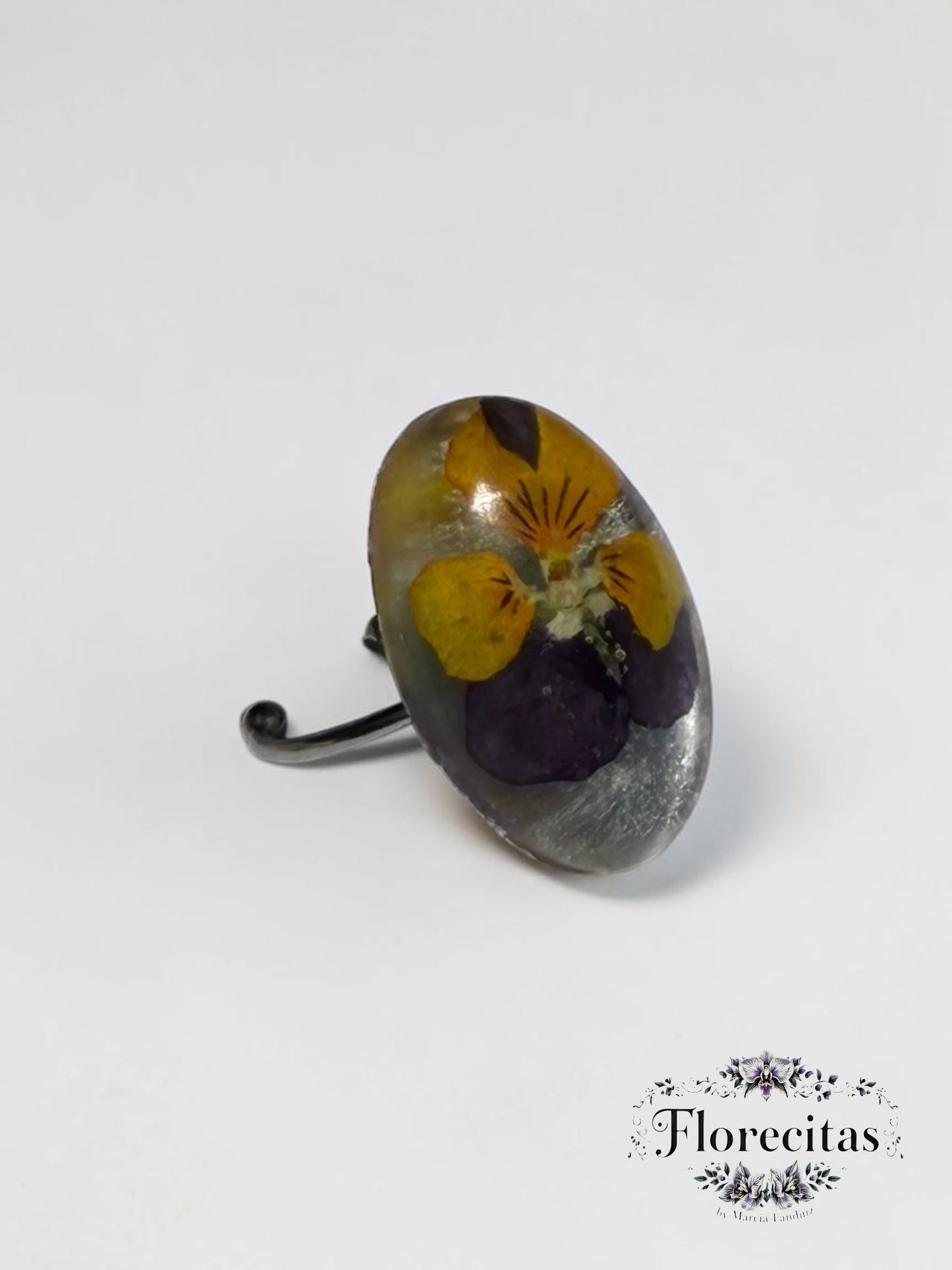 Oval Shaped Genuine Deep Violet and Yellow Pansy Statement Ring