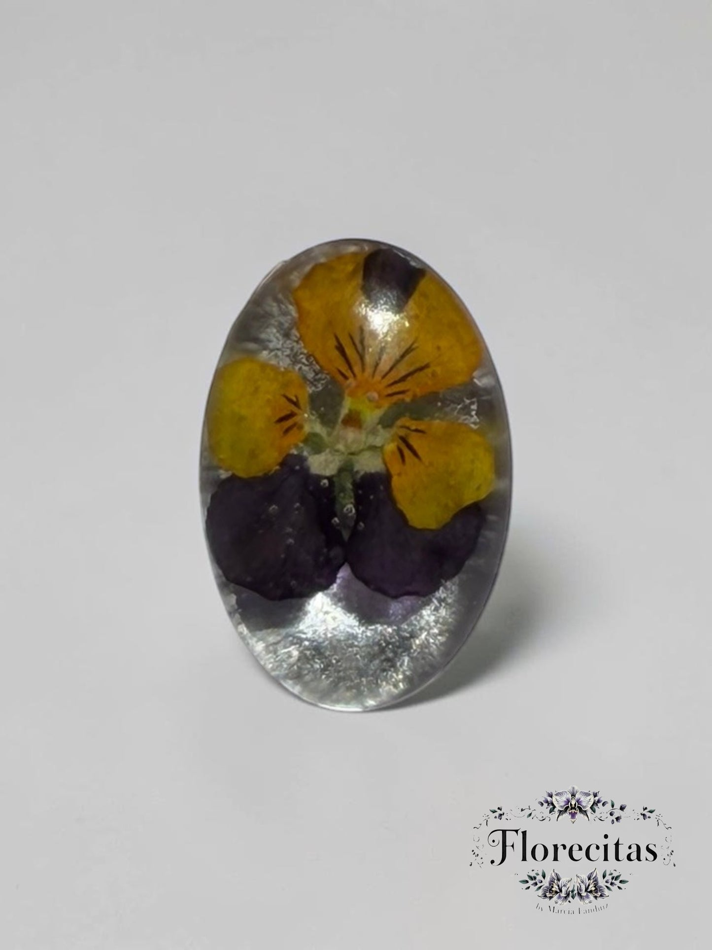 Oval Shaped Genuine Deep Violet and Yellow Pansy Statement Ring
