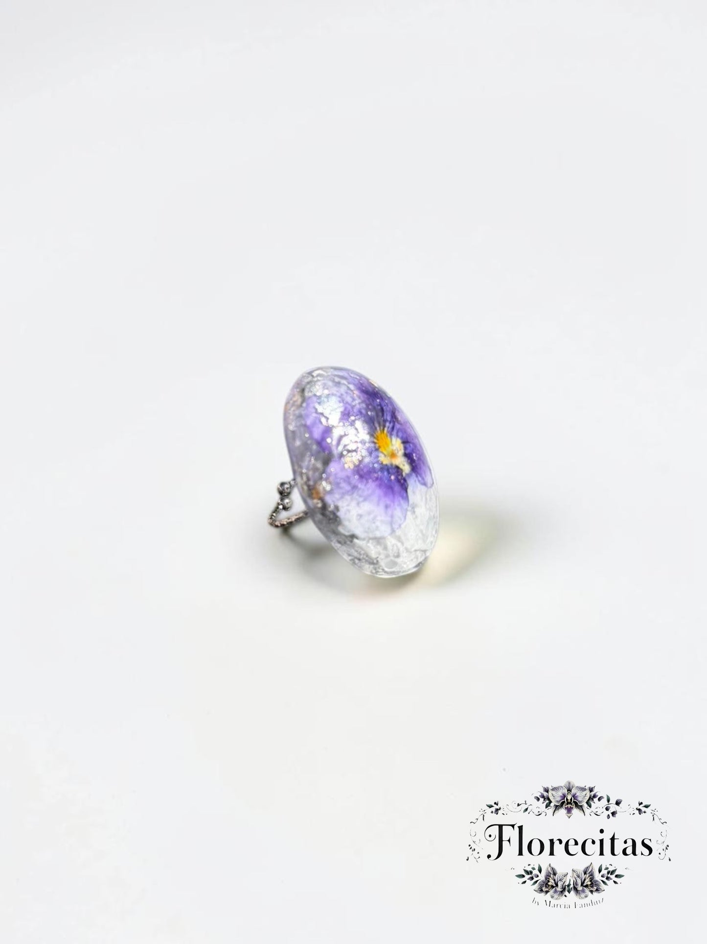 Oval Shaped White and Purple Pansy Statement Ring