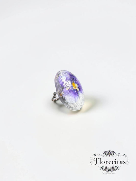 Oval Shaped White and Purple Pansy Statement Ring