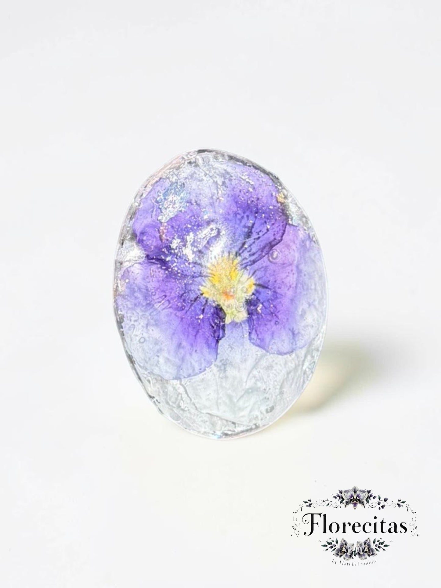 Oval Shaped White and Purple Pansy Statement Ring