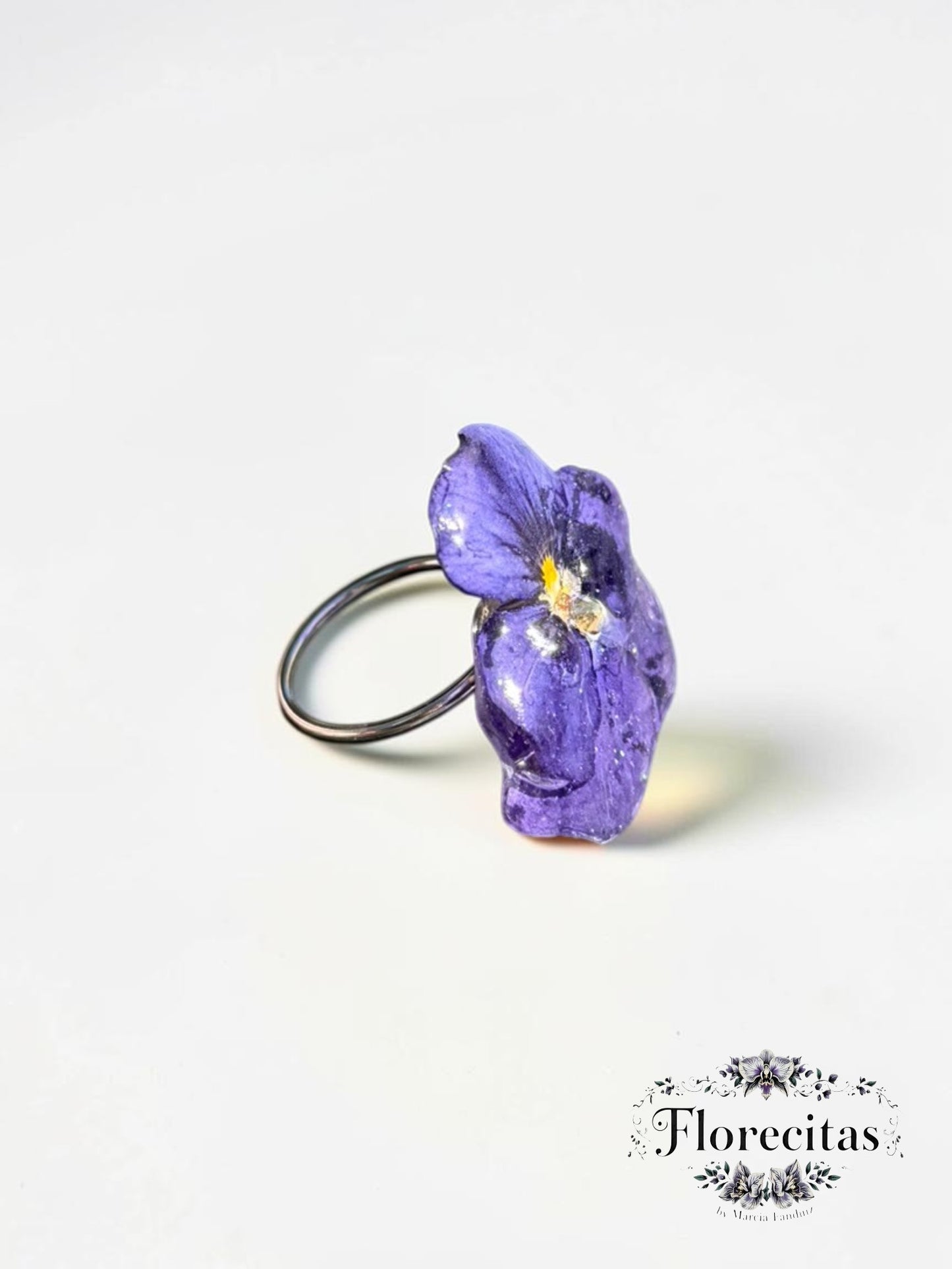 Genuine Purple Pansy with Teal Sparkle and Rhinestone Ring