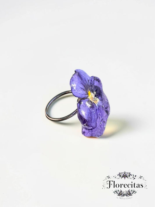 Genuine Purple Pansy with Teal Sparkle and Rhinestone Ring