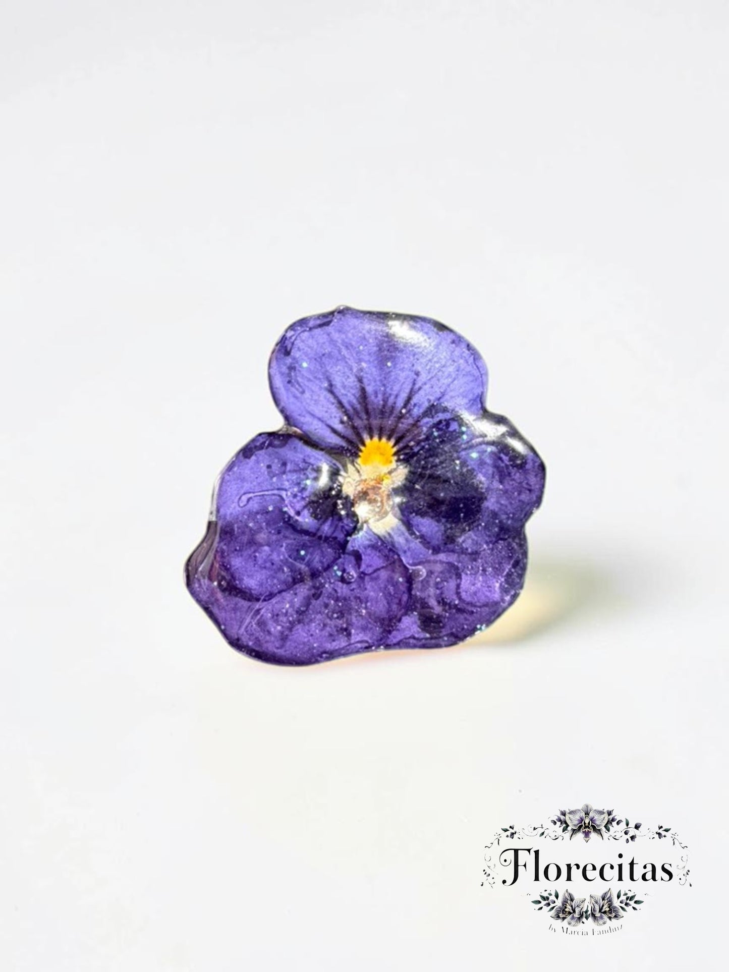 Genuine Purple Pansy with Teal Sparkle and Rhinestone Ring