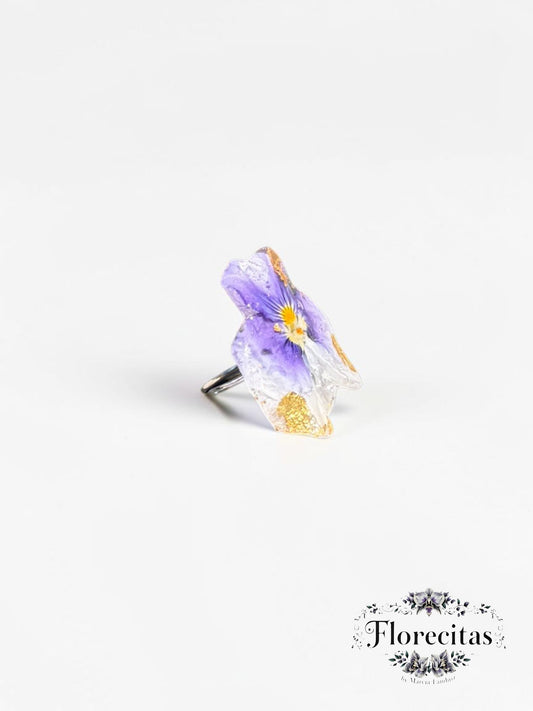 Genuine Purple Pansy Flower with Golden Accents Ring