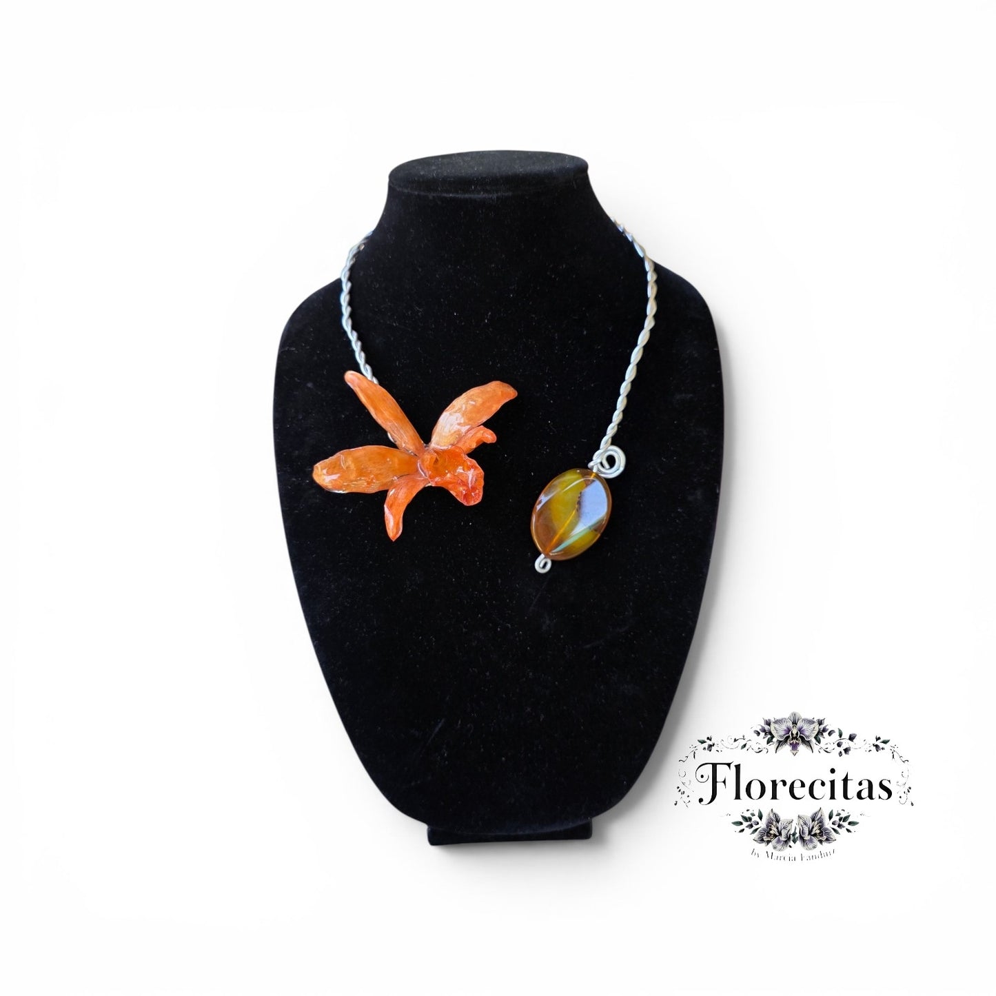 ORANGE CATLEYA AND AMBER GOLOR AGATE WIRE NECKLACE