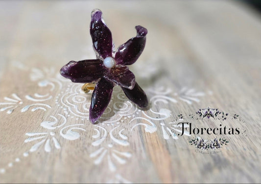DEEP PURPLE RESIN ORCHID ADJUSTABLE RING