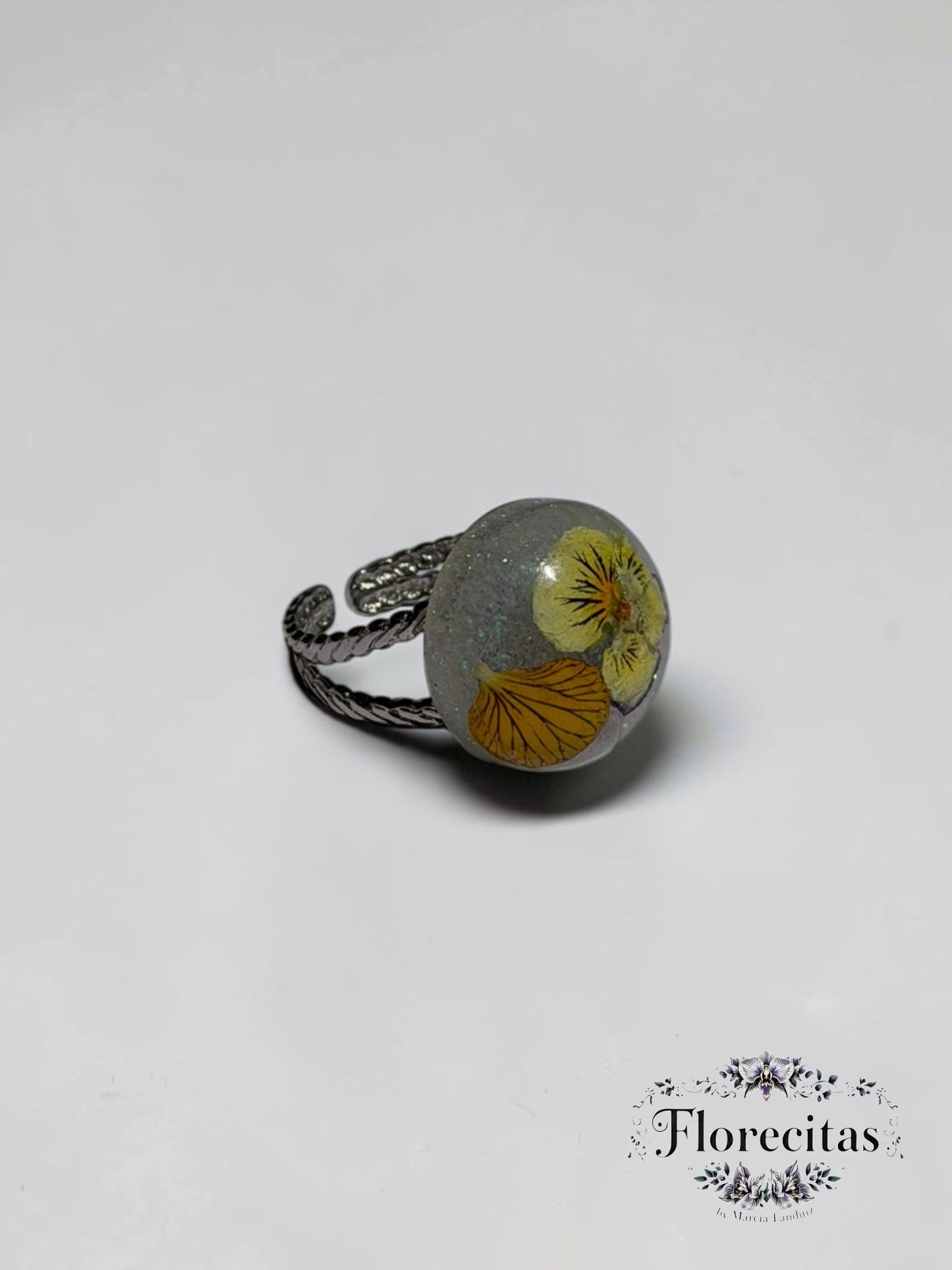 Sphere Shaped Yellow Pansy with Iridescent Glitter Ring