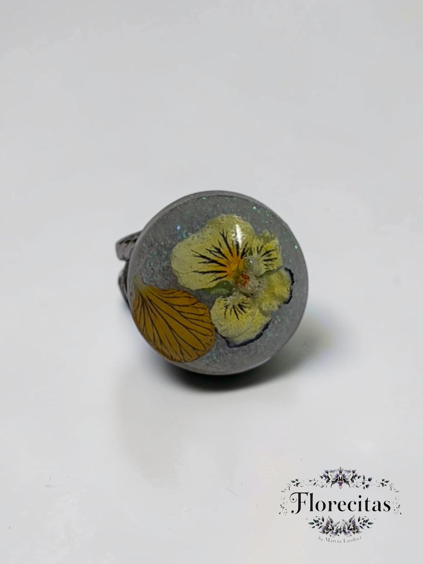 Sphere Shaped Yellow Pansy with Iridescent Glitter Ring