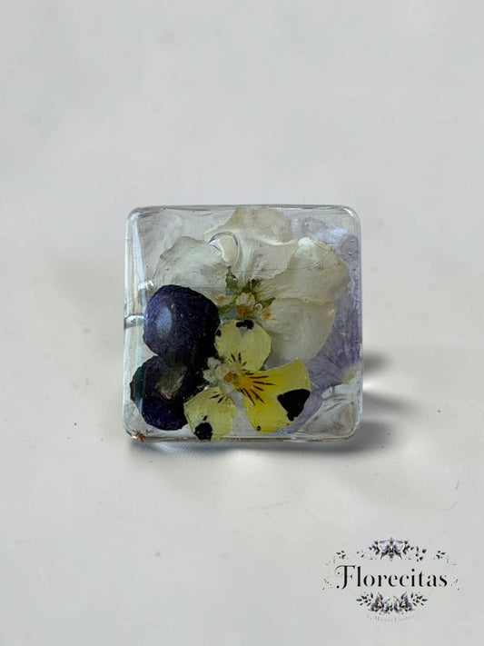 Square Shaped Yellow and Purple Pansy Ring