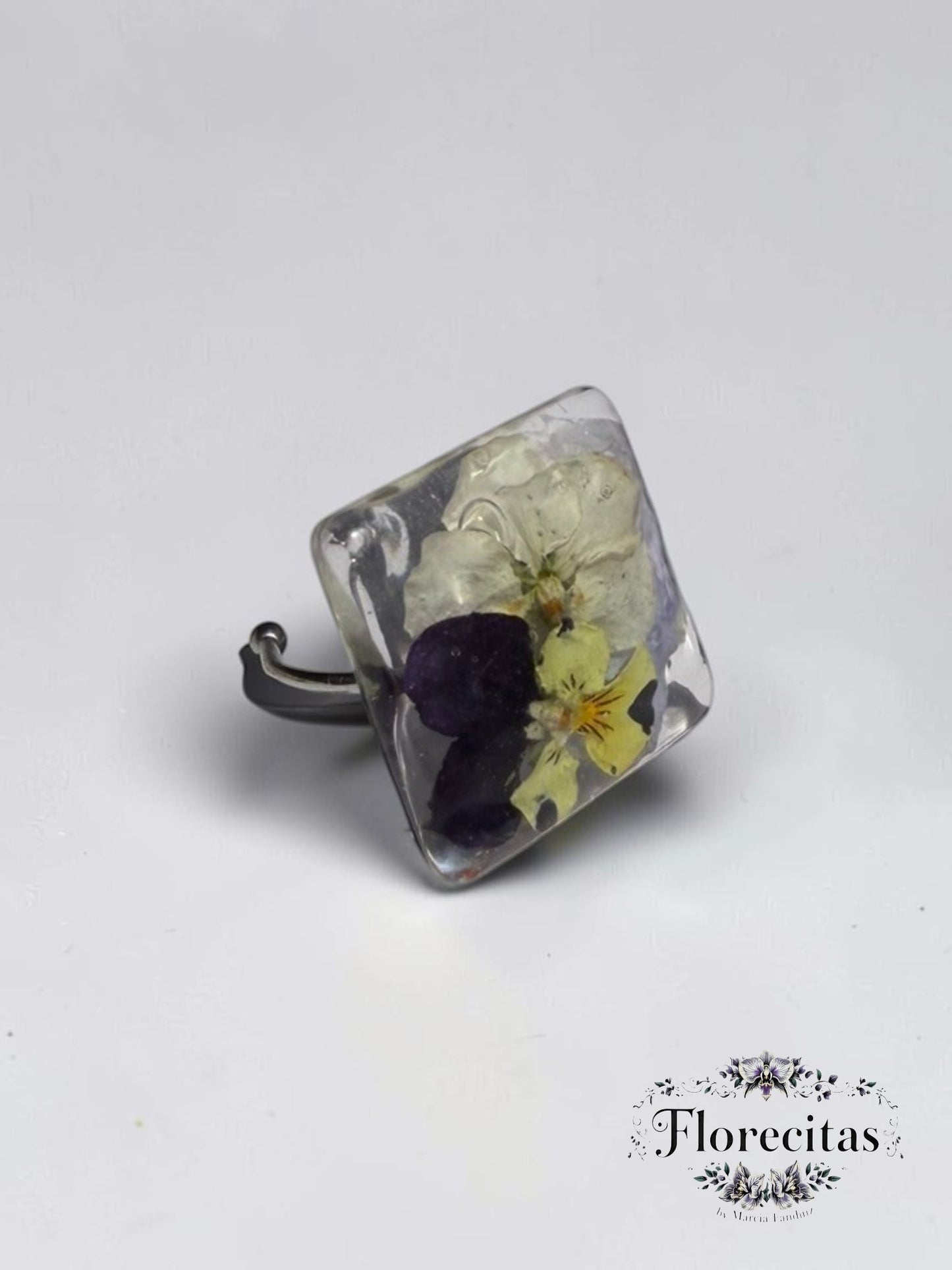 Square Shaped Yellow and Purple Pansy Ring
