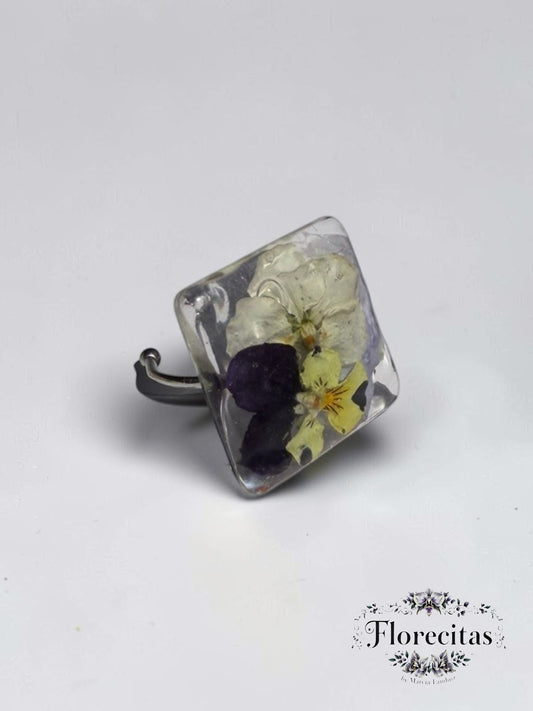 Square Shaped Yellow and Purple Pansy Ring