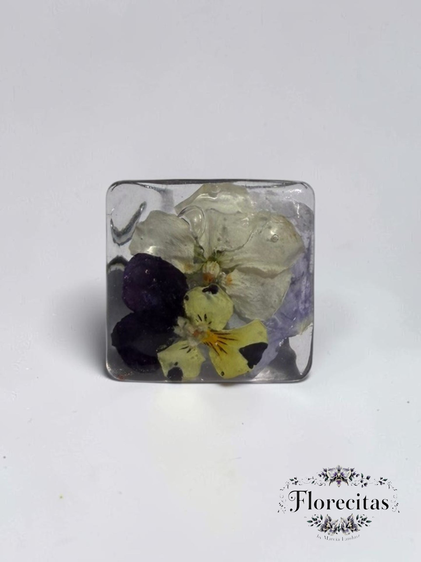 Square Shaped Yellow and Purple Pansy Ring
