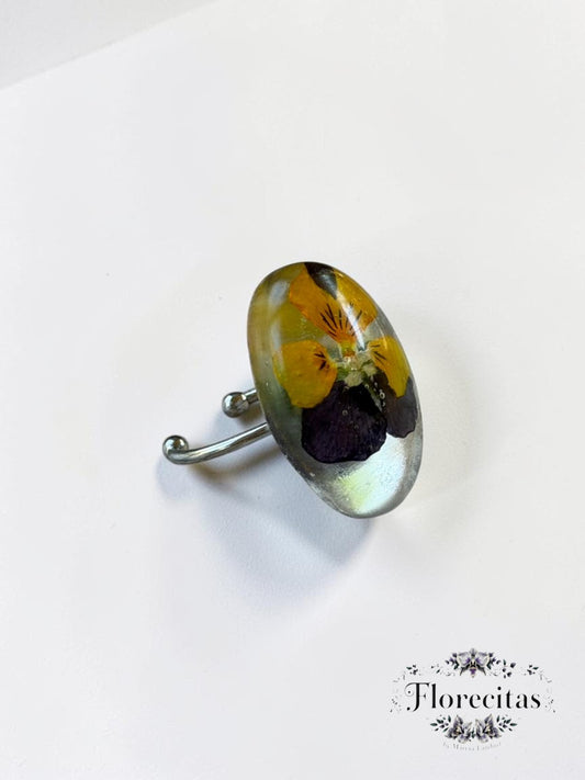 Oval Shaped Genuine Deep Violet and Yellow Pansy Statement Ring